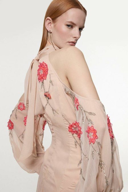 Blush Karen Millen Maxi Dresses Women Petite Cold Shoulder 3D Floral Applique Woven Maxi Dress