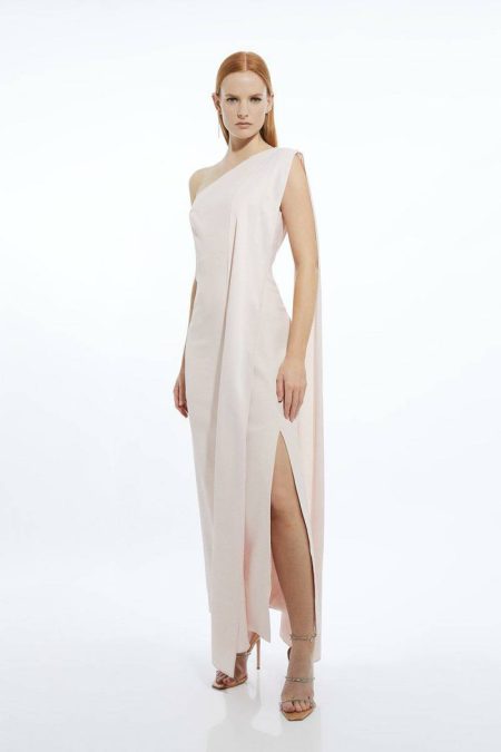 Blush Tailoring Women Petite Viscose Satin Back Crepe Tailored One Shoulder Cape Maxi Dress Karen Millen