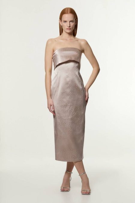 Blush Women Petite Italian Structured Textured Satin Bandeau Tailored Maxi Dress Karen Millen Tailoring