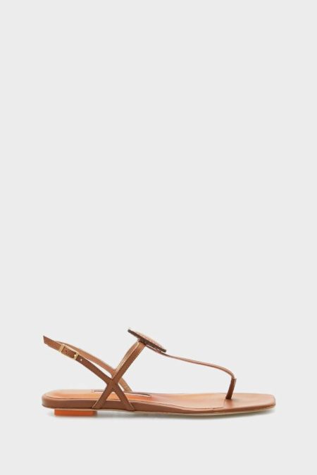 Brown Flats Purificacion Garci Women Domino Flat Leather Sandals