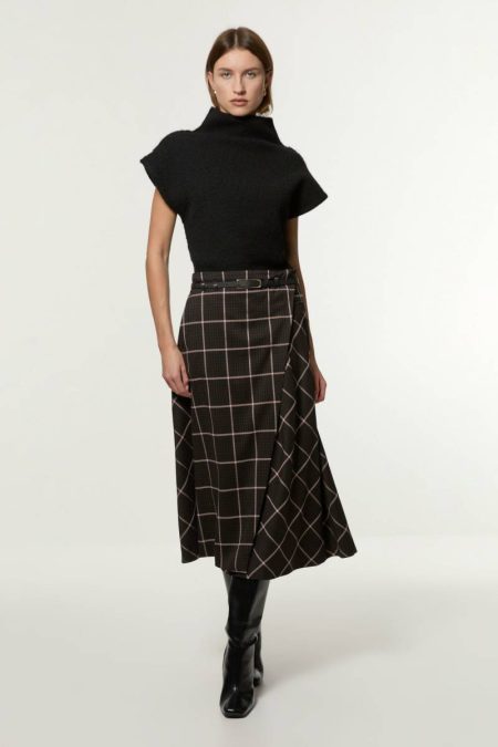 Brown Karen Millen Petite Check Pleated Kilt Belted Midi Skirt Women Tailoring