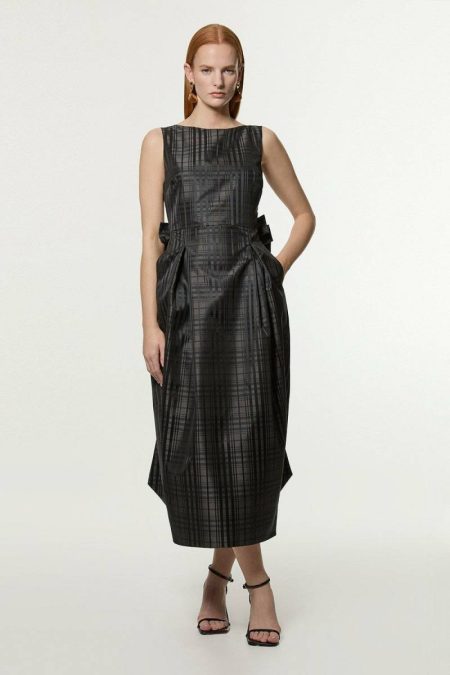 Brown Karen Millen Petite Taffeta Check Bow Detail Tailored Maxi Dress Maxi Dresses Women