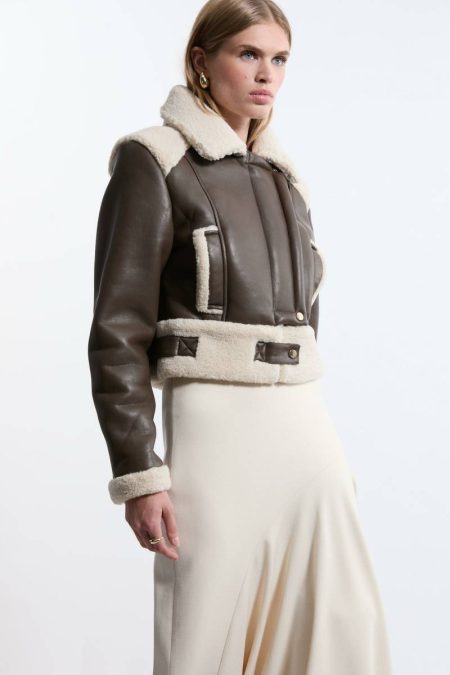 Brown Karen Millen Women Petite Faux Fur Aviator Crop Jacket Tailoring