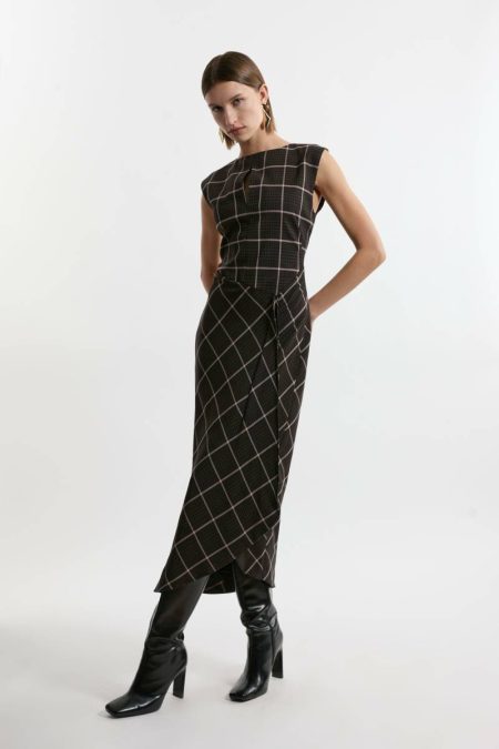 Brown Petite Check Ruffle Tailored Midaxi Dress Tailoring Karen Millen Women