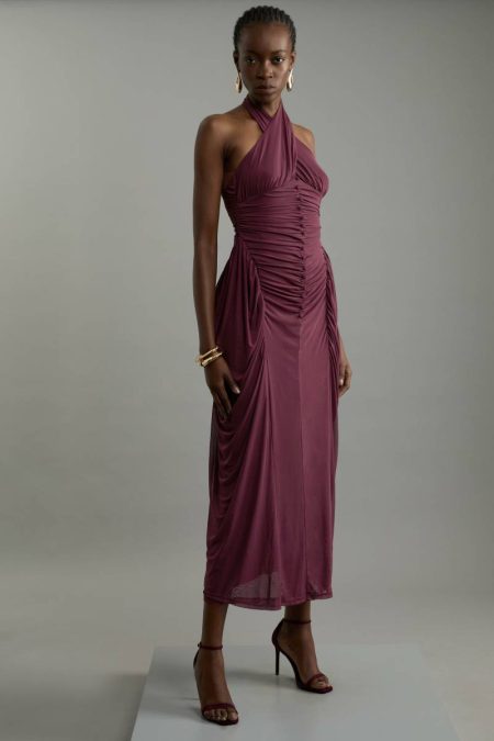 Burgundy Tailoring Women Karen Millen Jersey Mesh Halterneck Midi Dress