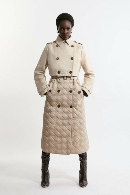 Camel Karen Millen Hybrid Quilted Belted Trench Coat Tailoring Women