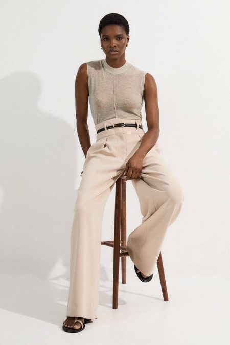 Camel Karen Millen Tailoring Compact Stretch Essential Tailored High Waist Wide Leg Pants Women