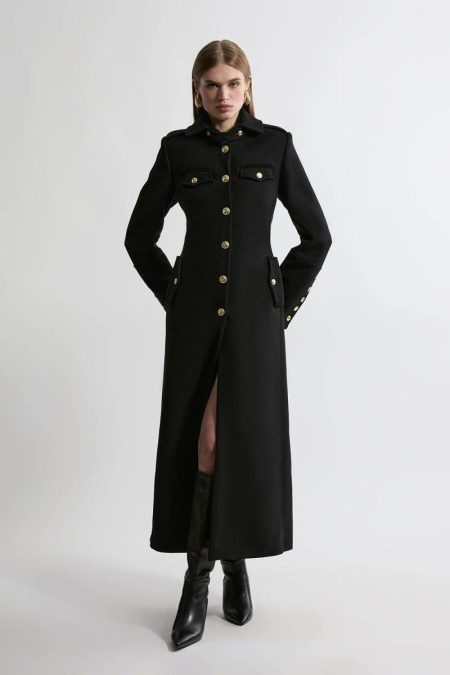 Camel Karen Millen Women Tailoring Premium Italian Manteco Wool Military Tailored Maxi Coat