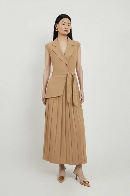 Camel Midi Dresses Women Tall Military Pleat Sleeveless Midi Dress Karen Millen