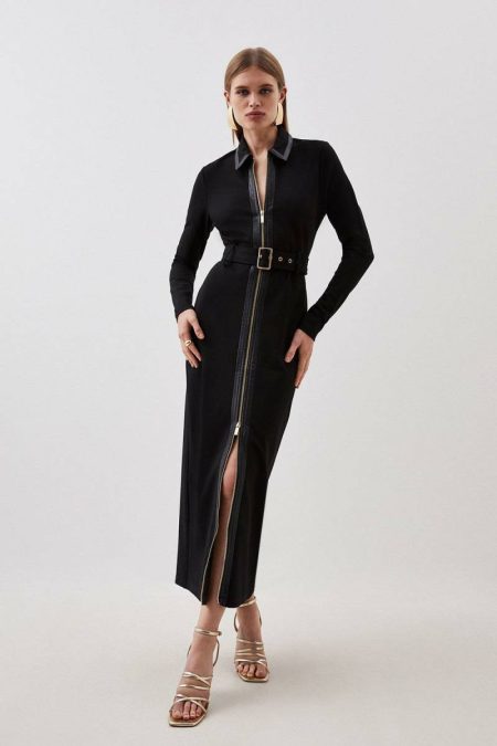 Camel Ponte And Pu Mix Maxi Dress Karen Millen Women Tailoring