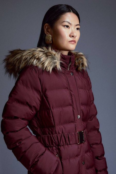 Camel Women Heat Seal Puffer Belted Faux Fur Hood Longline Jacket Karen Millen Tailoring