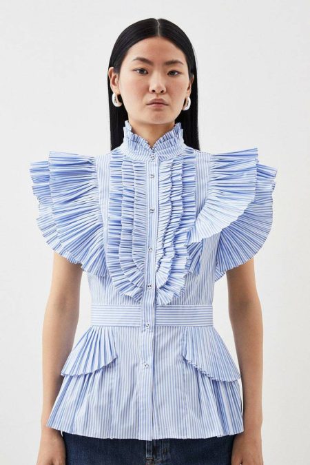 Cap Sleeve Striped Pleated Ruffle Woven Shirt Karen Millen Women Tops Stripe