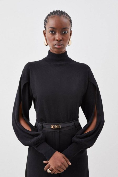Cashmere Blend Turtleneck And Split Sleeve Knit Top Karen Millen Tops Camel Women