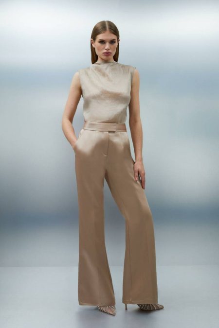Champagne Karen Millen Structured Viscose Satin Stitch Detail Tailored Kickflare Pants Women Two-Piece Sets