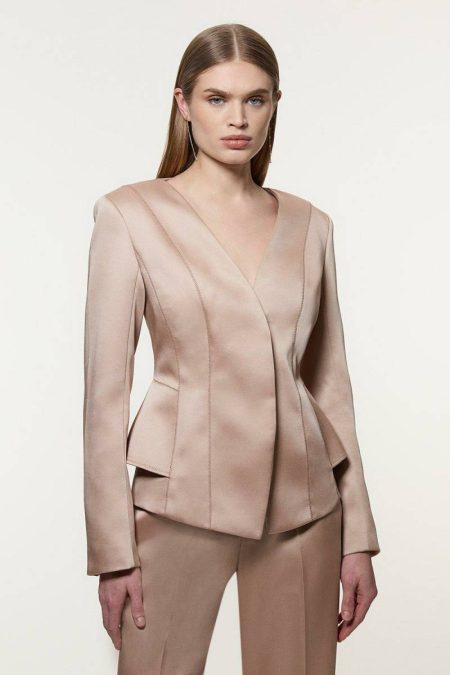 Champagne Structured Viscose Satin Stitch Detail Tailored Set Suits Women Karen Millen