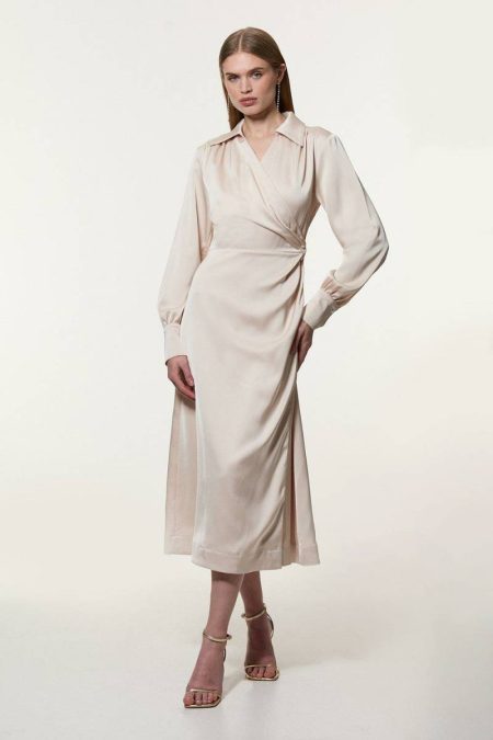 Champagne Women Petite Satin Back Crepe Pearl Detail Wrap Maxi Dress Karen Millen Maxi Dresses