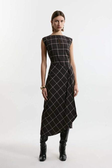 Check Ruffle Tailored Midaxi Dress Tailoring Karen Millen Women Brown