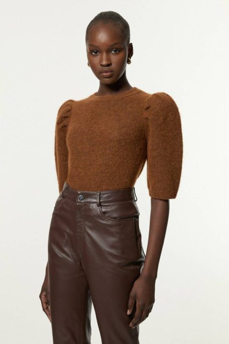 Chocolate Karen Millen Alpaca Wool Fluffy Knit Crew Neck Top Women Knitwear