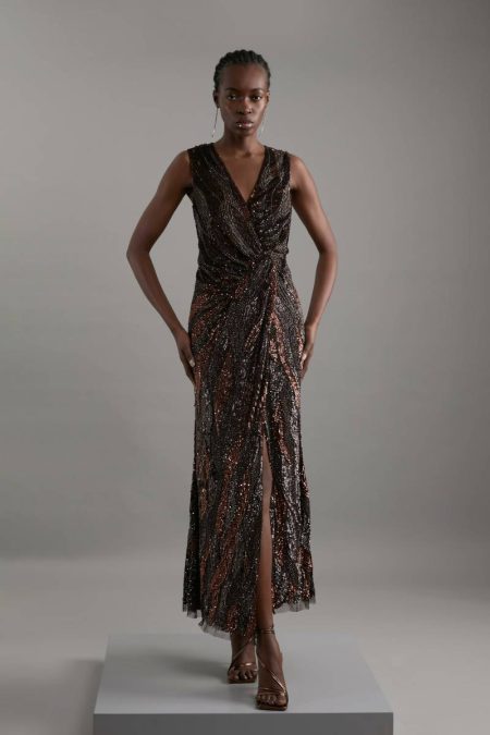Chocolate Karen Millen Embellished Plunge Beaded Woven Maxi Dress Women Tailoring