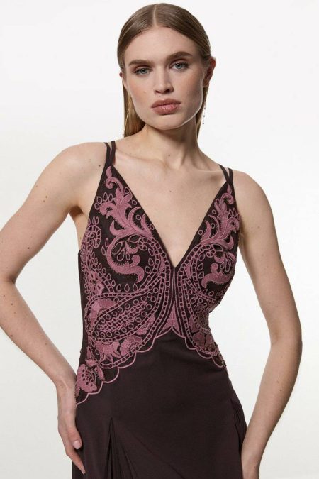 Chocolate Tailoring Women Karen Millen Cutwork Beaded Georgette Pleat Insert Woven Maxi Dress