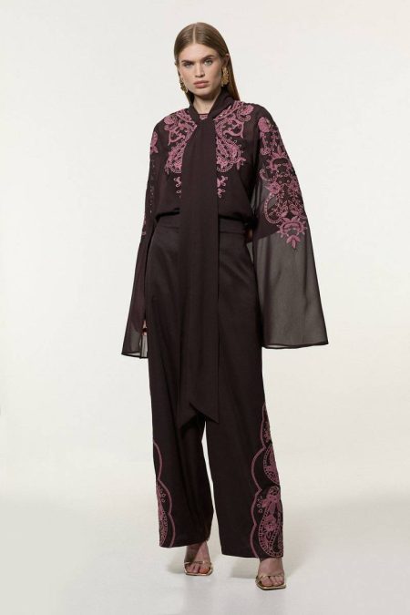 Chocolate Women Karen Millen Tall Cutwork Beaded Twill Wide Leg Woven Pants Tailoring