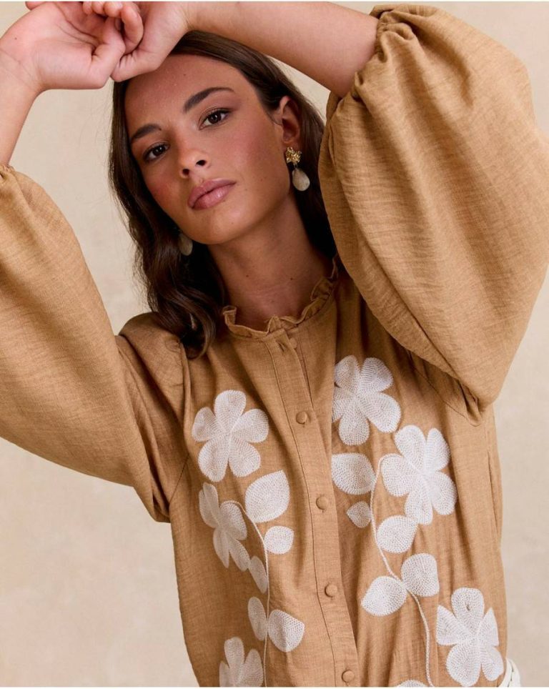 Ciela Embroidered Shirt Polín Et Moi Women Camel Blouses And Shirts - Image 2
