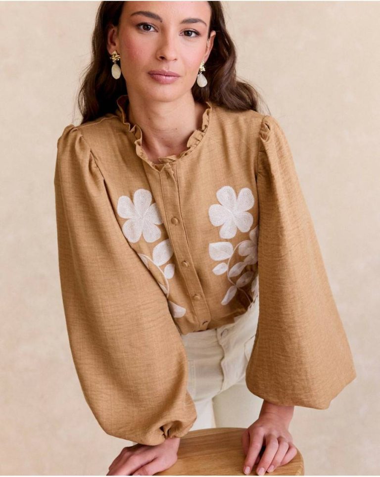 Ciela Embroidered Shirt Polín Et Moi Women Camel Blouses And Shirts - Image 3