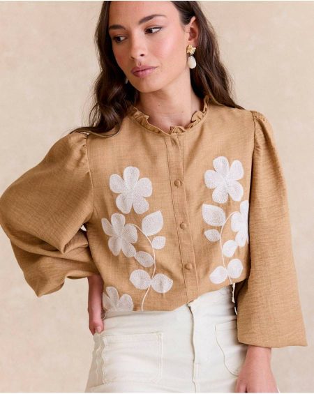 Ciela Embroidered Shirt Polín Et Moi Women Camel Blouses And Shirts