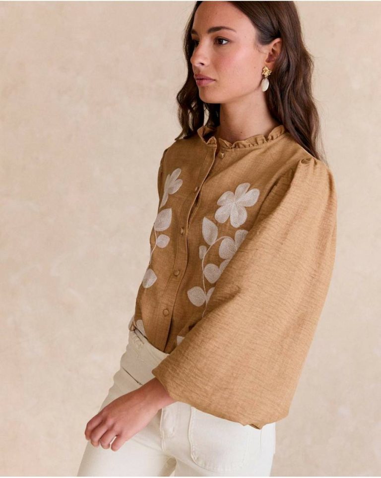 Ciela Embroidered Shirt Polín Et Moi Women Camel Blouses And Shirts - Image 5