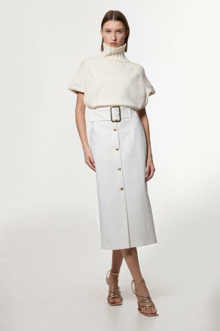 Clean Tailored Belted Pencil Midi Skirt Ivory Women Karen Millen Skirts