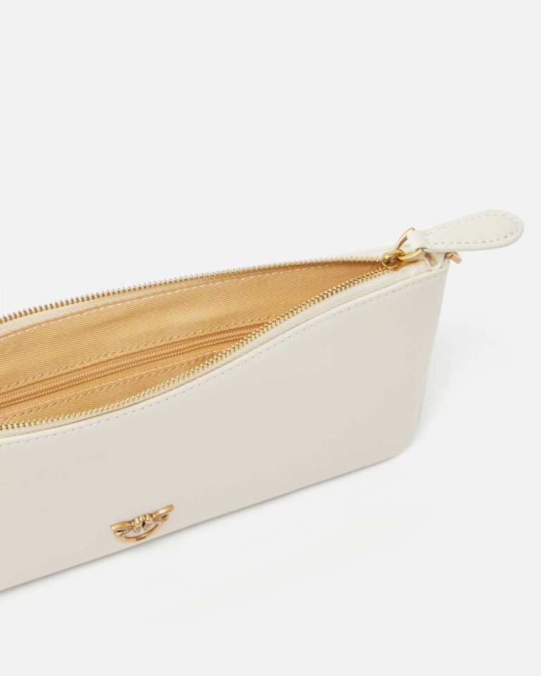 Clutch Bags Horizontal Flat Bag In Leather Pinko White+White-Antique Gold - Image 4