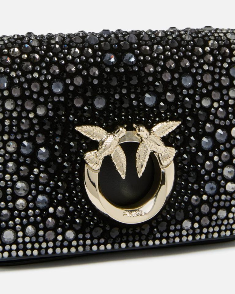 Clutch Bags Pinko Black-Light Gold Rhinestone-Detailed Micro Love Bag Clutch With Detachable Shoulder Strap - Image 3