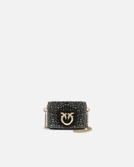 Clutch Bags Pinko Black-Light Gold Rhinestone-Detailed Micro Love Bag Clutch With Detachable Shoulder Strap