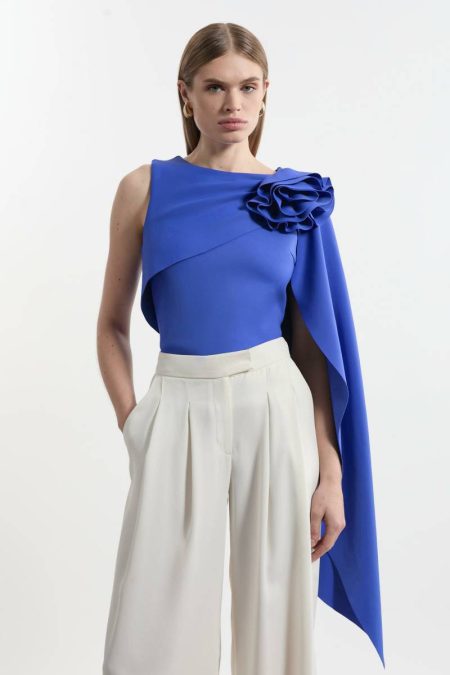 Cobalt Tall Scuba Drama Ruffle Rosette Top Women Tops Karen Millen