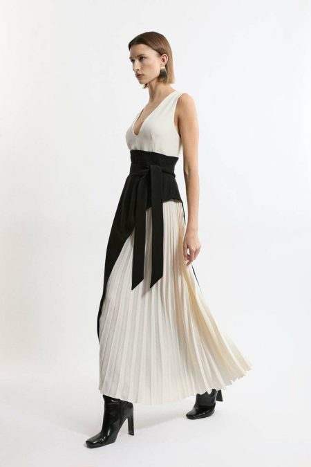 Coco Karen Millen Petite Fluid Tailored Color Block Side Pleated Midi Dress Women Midi Dresses
