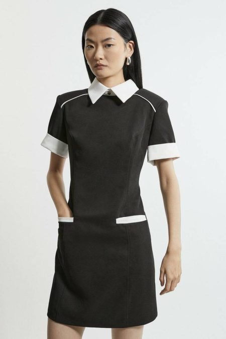 Collard Twill Strong Shoulder Woven Mini Dress Black Women Tailoring Karen Millen