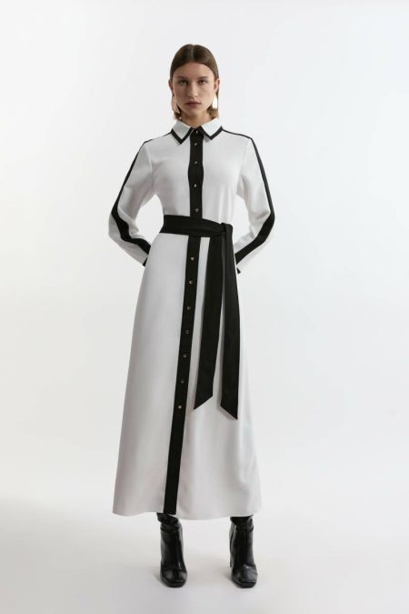 Color Block Twill Woven Belted Midi Shirt Dress Women Ivory Karen Millen Midi Dresses