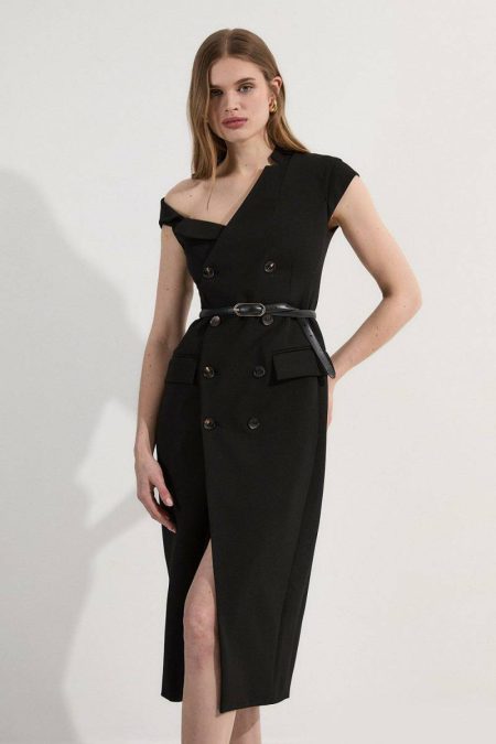 Compact Stretch Asymmetric Collar Tailored Pencil Maxi Dress Women Pink Karen Millen Maxi Dresses