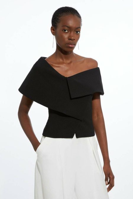 Compact Stretch Asymmetric Collar Tailored Top Navy Karen Millen Women Tops