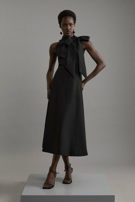 Compact Stretch Bow Tie Neck Full Skirted Midi Dress Midi Dresses Karen Millen Ivory Women
