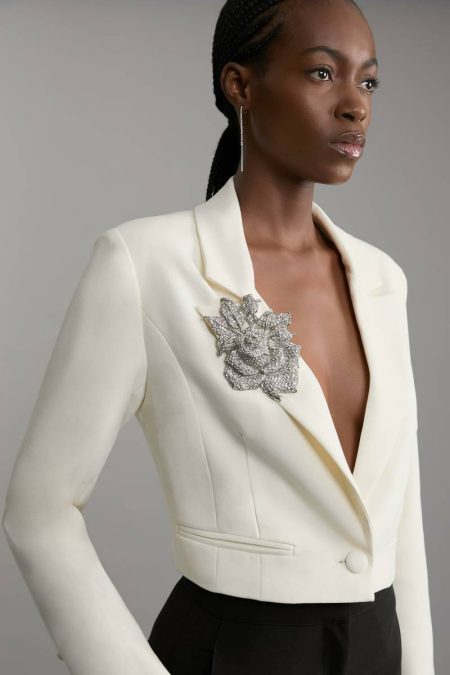 Compact Stretch Crystal Embellished Rosette Cropped Tailored Blazer Women Karen Millen Tailoring Ivory
