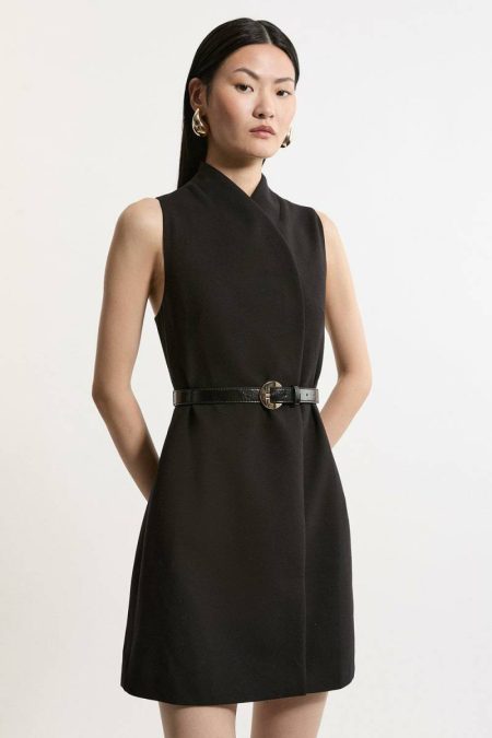 Compact Stretch Essential Belted Tailored Mini Dress Red Women Tailoring Karen Millen
