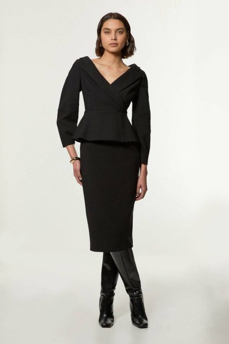Compact Stretch Tailored Assymetric Peplum Pencil Midiaxi Dress Karen Millen Women Ivory Midi Dresses