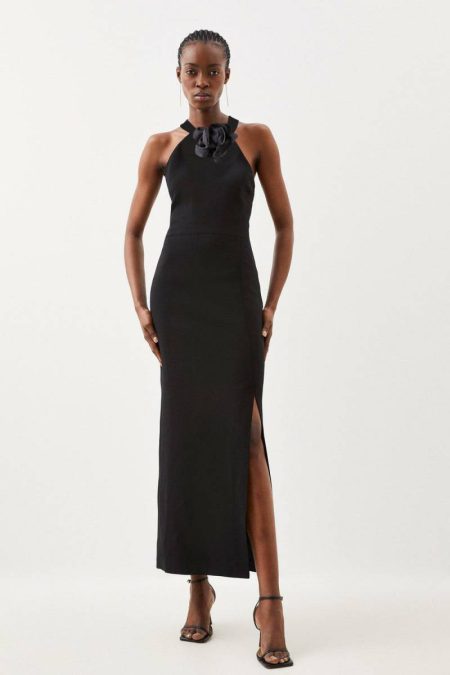 Compact Viscose Small Corsage Detail Tailored Halterneck Midaxi Dress Ivory Tailoring Karen Millen Women