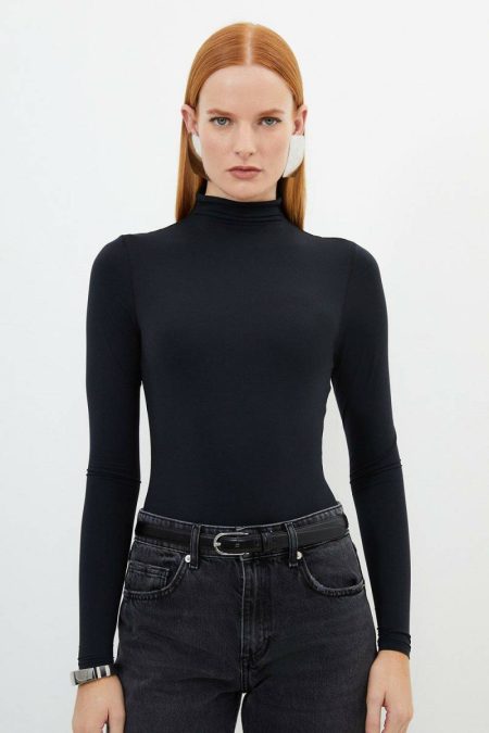 Contour Jersey High Neck Long Sleeve Bodysuit Ivory Karen Millen Tops Women