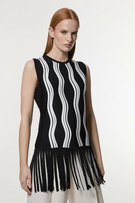 Contrast Wave Knit Top With Fringing Karen Millen Knitwear Women Mono