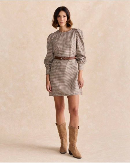Coral Check Print Dress Dresses Camel Polín Et Moi Women