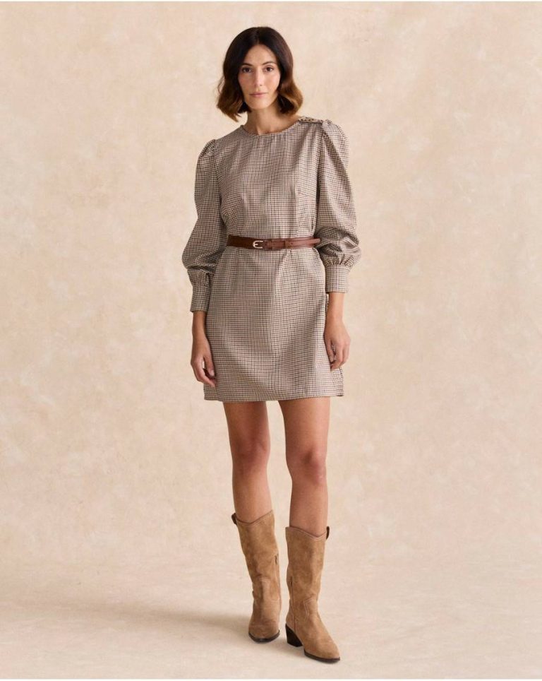 Coral Check Print Dress Dresses Camel Polín Et Moi Women