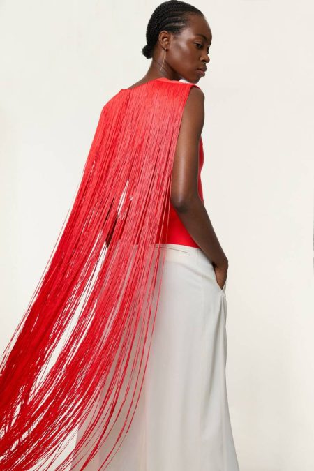 Coral Karen Millen Women Figure Form Bandage Knit Long Tassel Cape Top Knitwear