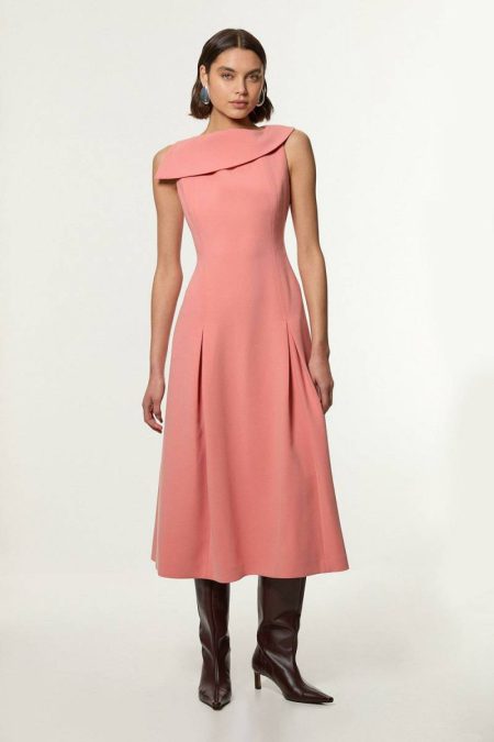 Coral Women Compact Stretch Asymmetric Neck Tailored Full Skirted Dress Karen Millen Maxi Dresses